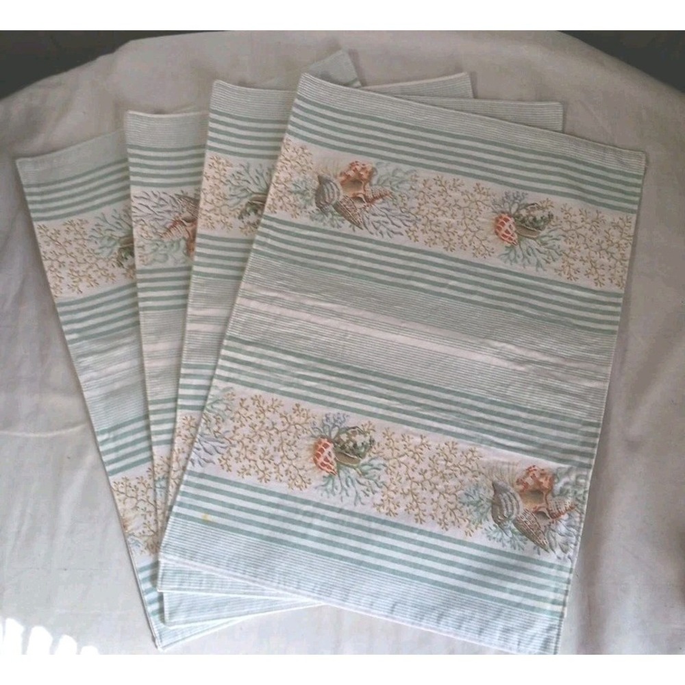 4 Fabric Table Placemats Seashells Coral Green Stripes Beach 12 x 17 Inches READ